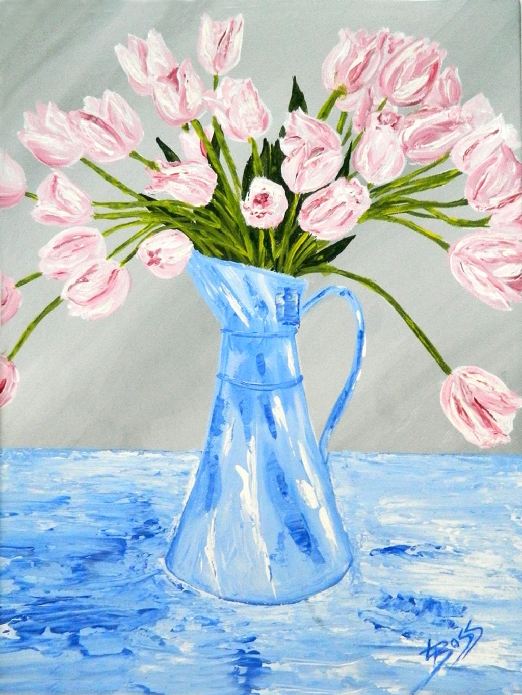 Pink Tulips in a Blue Vase
