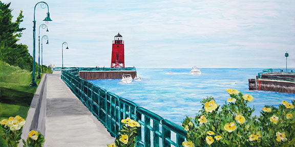 Charlevoix Lighthouse from Hoffman Park Large Print by Linda Boss