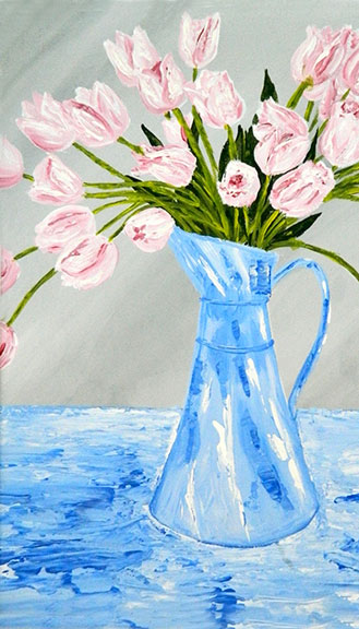 Pink Tulips in a Blue Pitcher